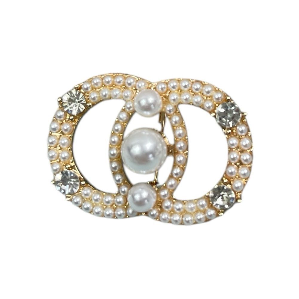 NEW Faux Pearl & Crystal Gold Plated CC Double Circle Brooch